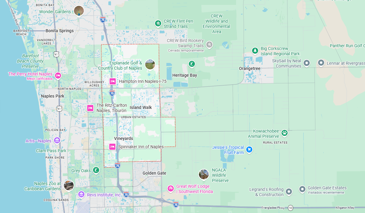 Map of Urban Estates area in Northeast Naples, Florida - showing boundaries along Immokalee Road, Pine Ridge Road, Collier Boulevard, and I-75