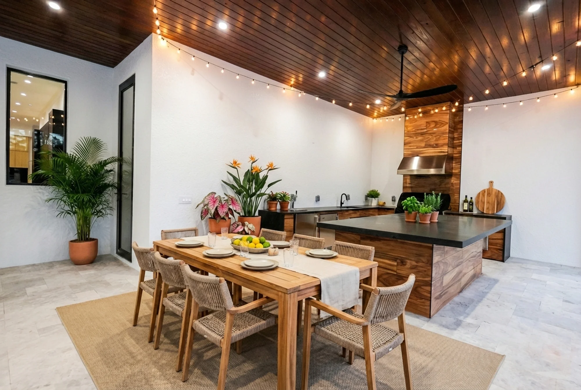 Outdoor kitchen with stainless steel appliances and bar seating in The Cypress transitional luxury home at 3276 11th Ave SW, Naples FL by XL Homes custom home builder