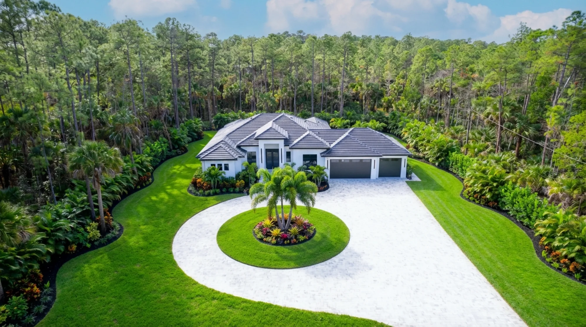 Aerial drone view showcasing luxury estate and neighborhood in Sunset Golf modern golf estate home at 524 22nd Ave NW, Naples FL by XL Homes custom home builder