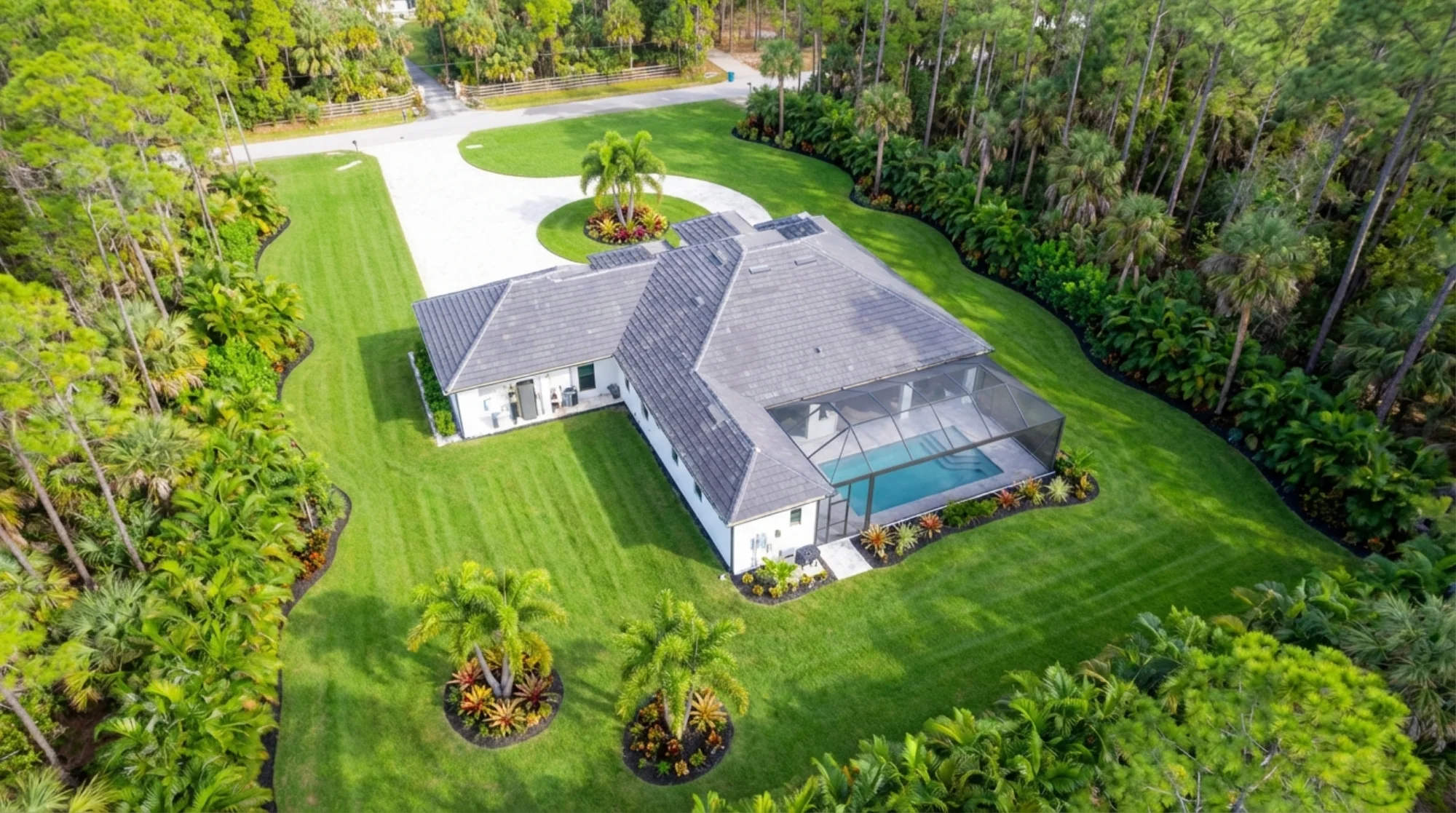 Aerial drone view showcasing luxury estate and neighborhood in Sunset Golf modern golf estate home at 524 22nd Ave NW, Naples FL by XL Homes custom home builder