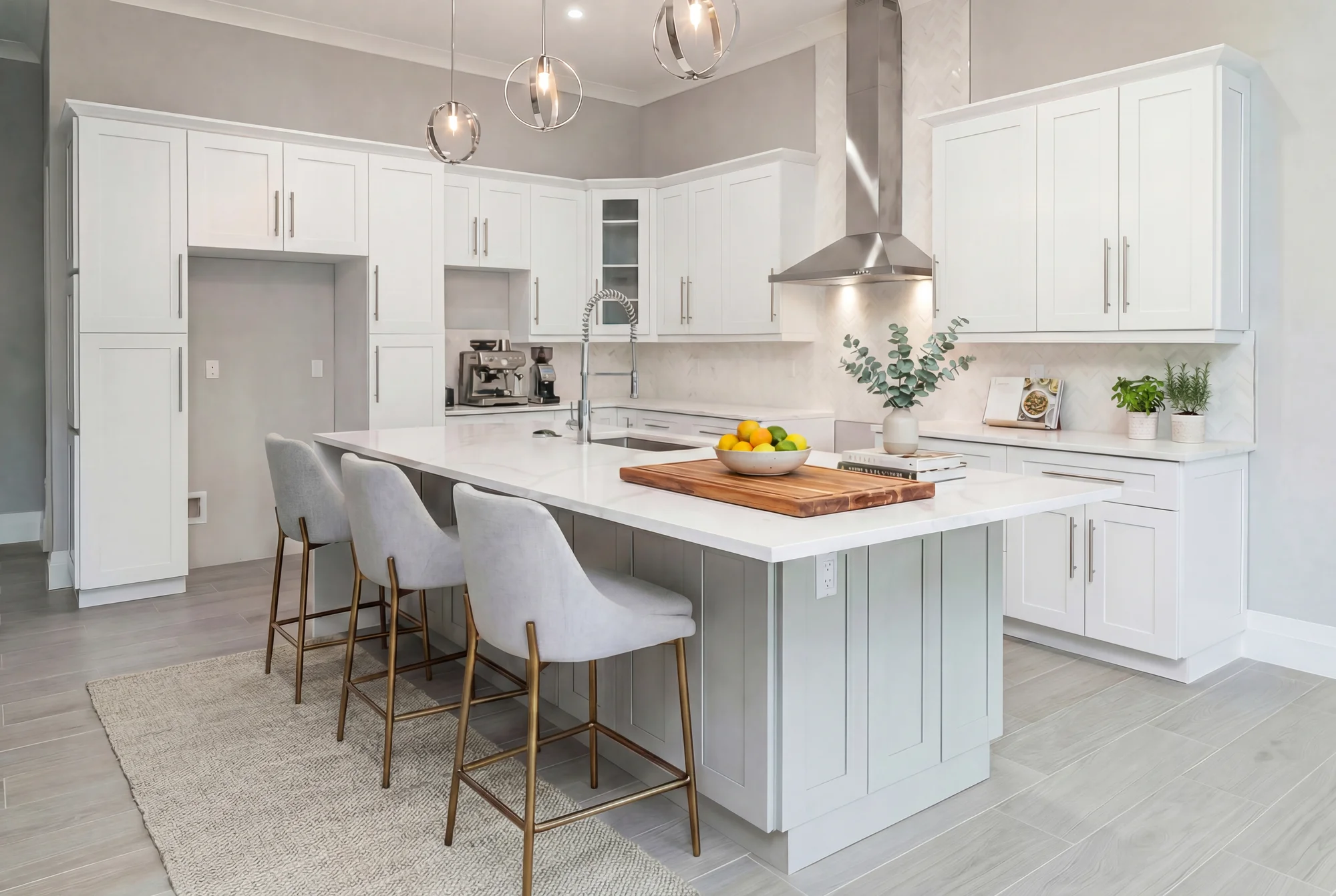 Gourmet kitchen with quartz countertops and custom cabinetry in The Oasis coastal contemporary home at 760 15th St SW, Naples FL by XL Homes custom home builder