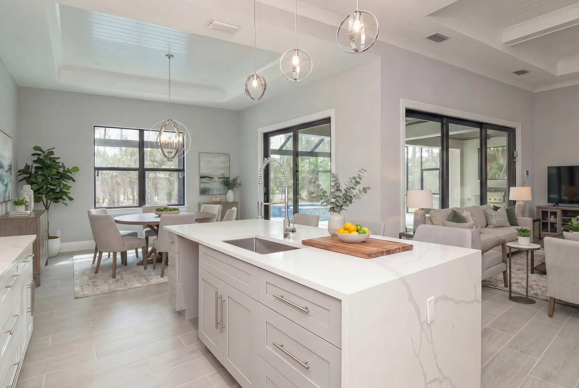Gourmet kitchen with quartz countertops and custom cabinetry in The Oasis coastal contemporary home at 760 15th St SW, Naples FL by XL Homes custom home builder