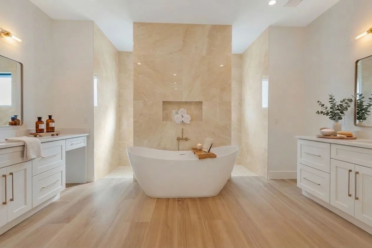 Luxury spa bathroom with marble tiles and designer fixtures in Golden Ridge modern luxury estate home at Naples, FL by XL Homes custom home builder