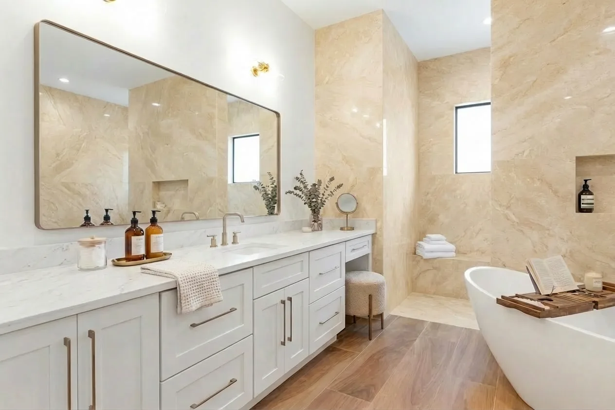 Luxury spa bathroom with marble tiles and designer fixtures in Golden Ridge modern luxury estate home at Naples, FL by XL Homes custom home builder