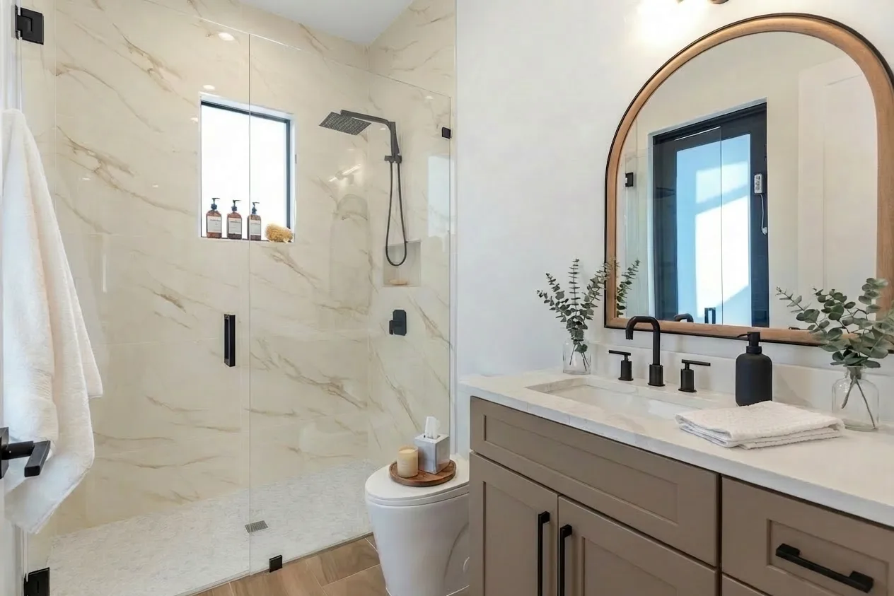 Luxury spa bathroom with marble tiles and designer fixtures in Golden Ridge modern luxury estate home at Naples, FL by XL Homes custom home builder
