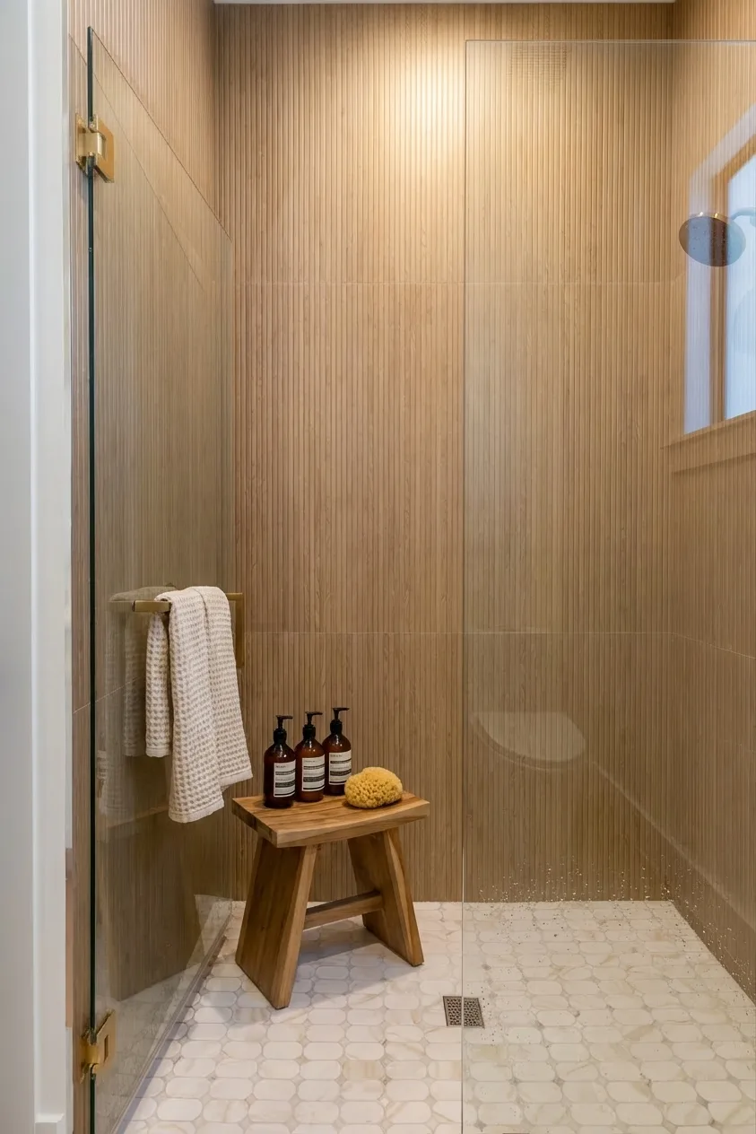 Luxury spa bathroom with marble tiles and designer fixtures in Golden Ridge modern luxury estate home at Naples, FL by XL Homes custom home builder