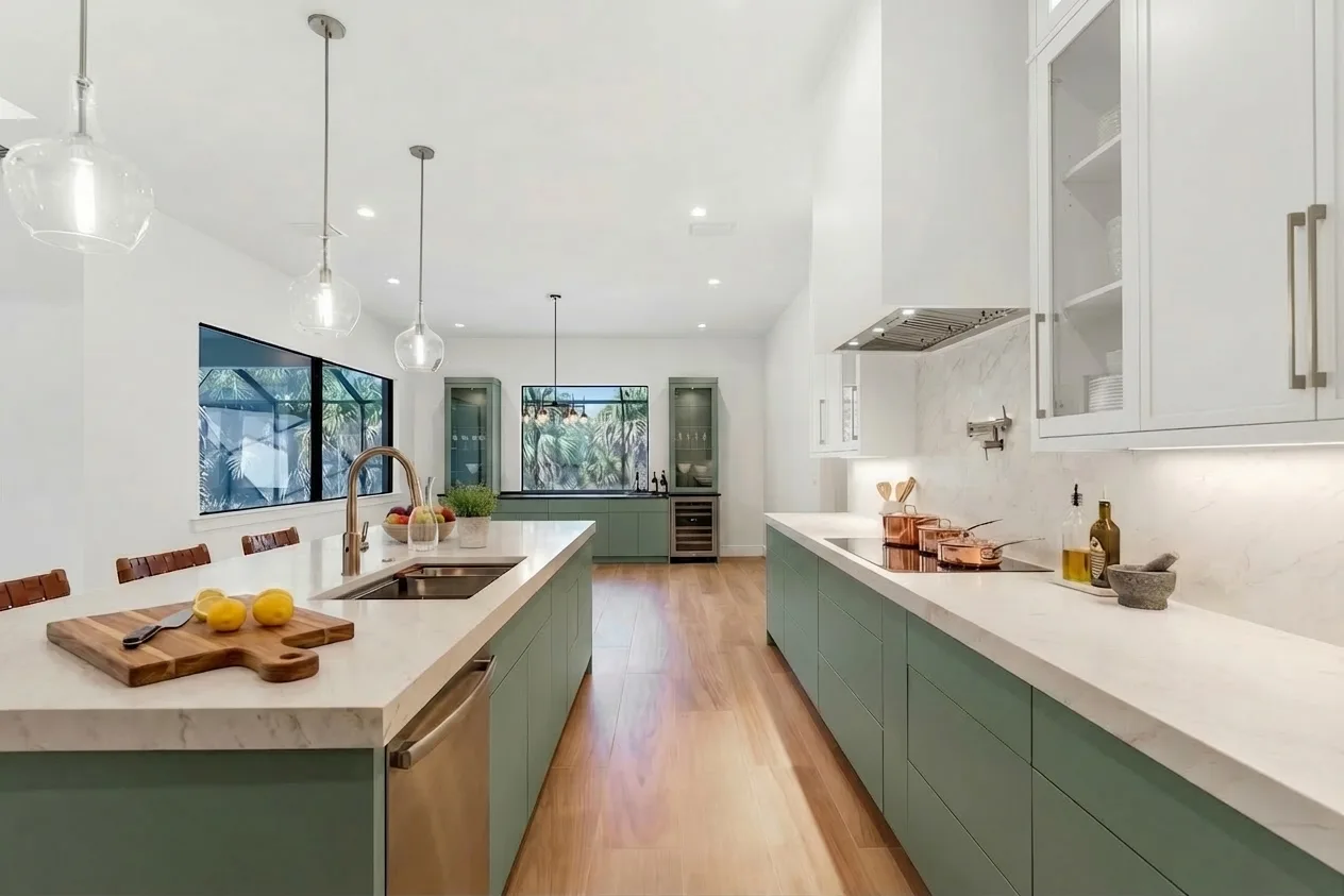 Gourmet kitchen with quartz countertops and custom cabinetry in Golden Ridge modern luxury estate home at Naples, FL by XL Homes custom home builder