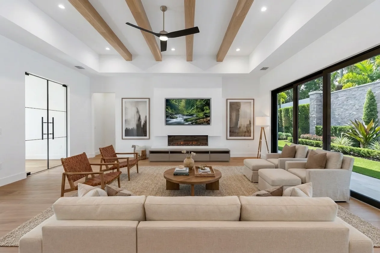 Open concept living room with high ceilings and natural light in Golden Ridge modern luxury estate home at Naples, FL by XL Homes custom home builder