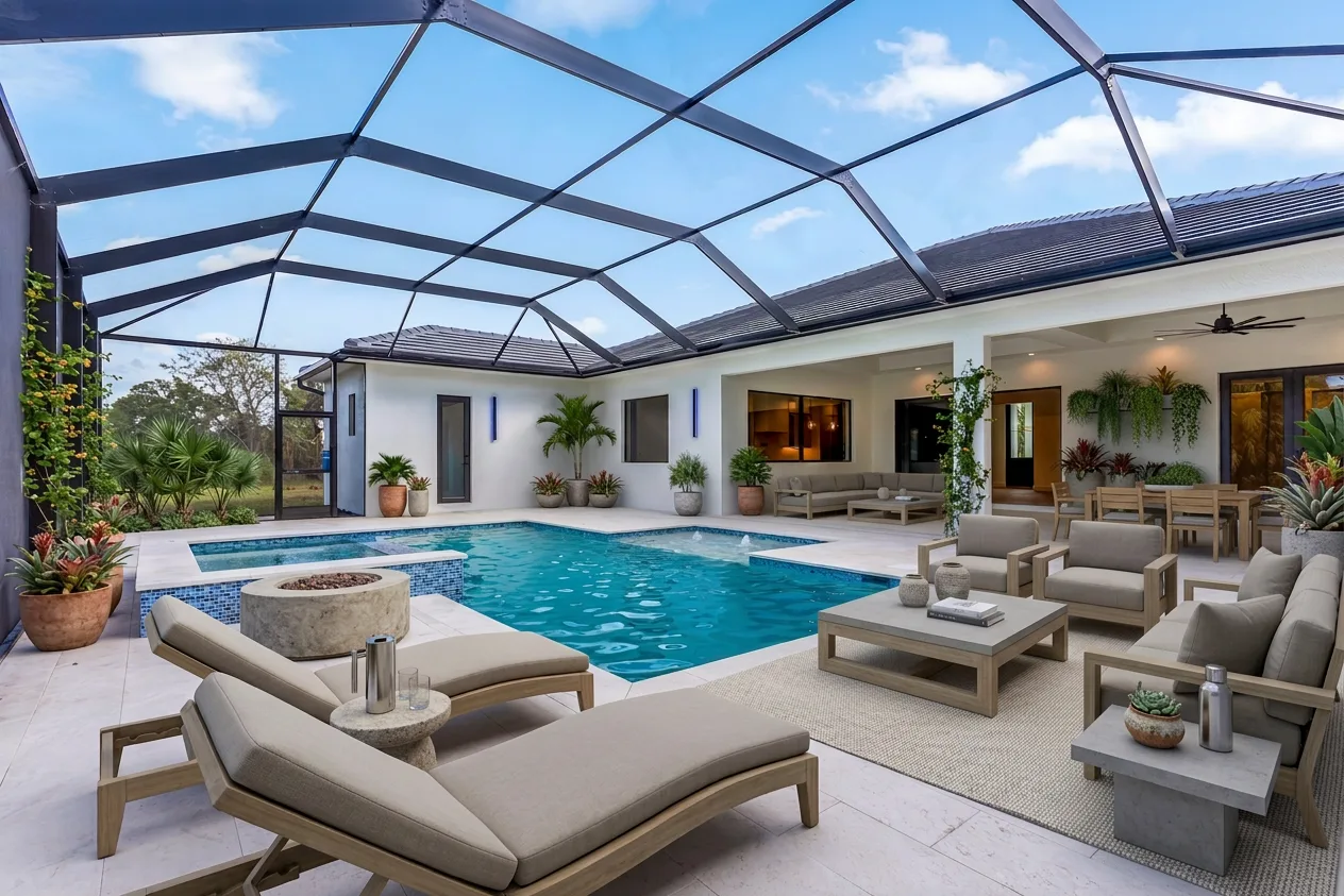 Resort-style pool and screened lanai with outdoor living space in Golden Ridge modern luxury estate home at Naples, FL by XL Homes custom home builder