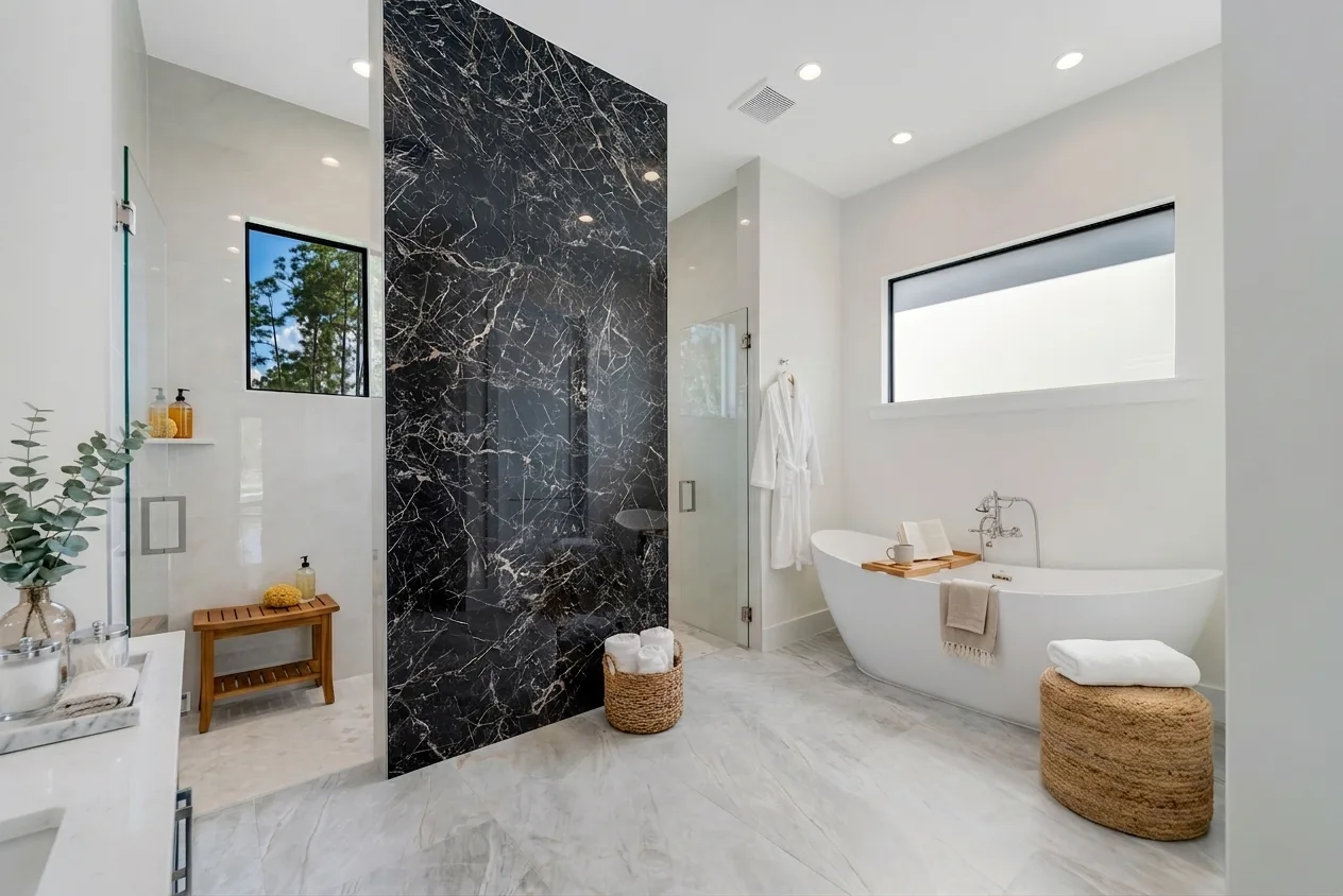 Luxury spa bathroom with marble tiles and designer fixtures in Rookery Bay transitional coastal luxury home at Naples, FL by XL Homes custom home builder