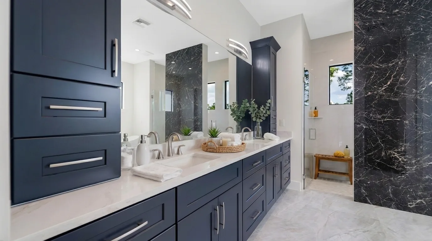 Luxury spa bathroom with marble tiles and designer fixtures in Rookery Bay transitional coastal luxury home at Naples, FL by XL Homes custom home builder