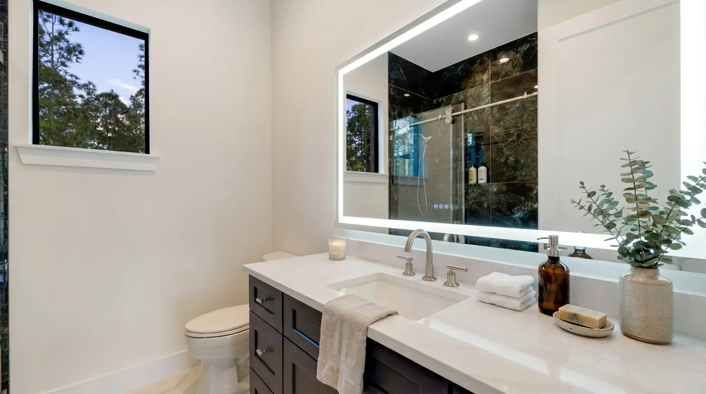 Luxury spa bathroom with marble tiles and designer fixtures in Rookery Bay transitional coastal luxury home at Naples, FL by XL Homes custom home builder