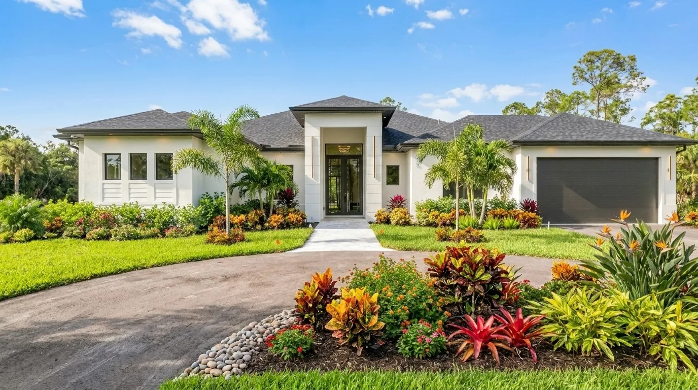 Modern Florida exterior architecture with tropical landscaping in Rookery Bay transitional coastal luxury home at Naples, FL by XL Homes custom home builder
