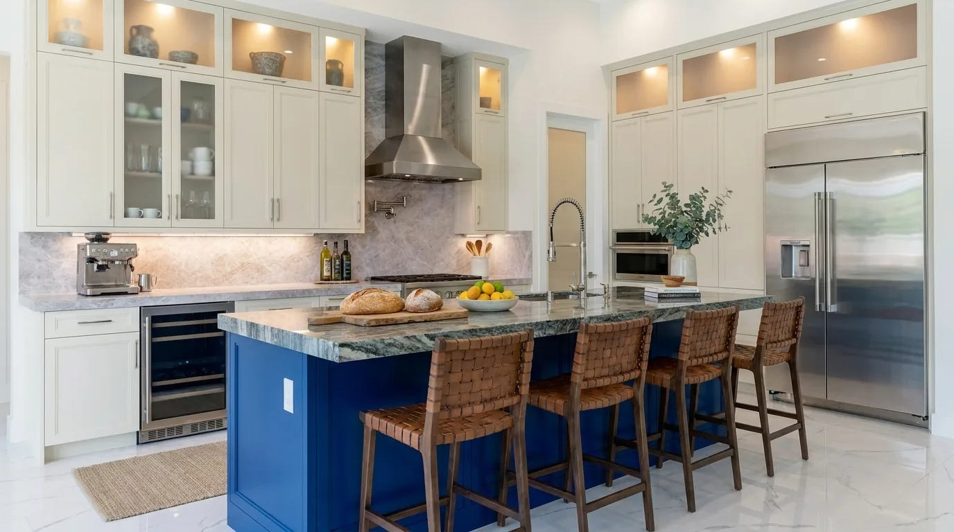 Gourmet kitchen with quartz countertops and custom cabinetry in Rookery Bay transitional coastal luxury home at Naples, FL by XL Homes custom home builder