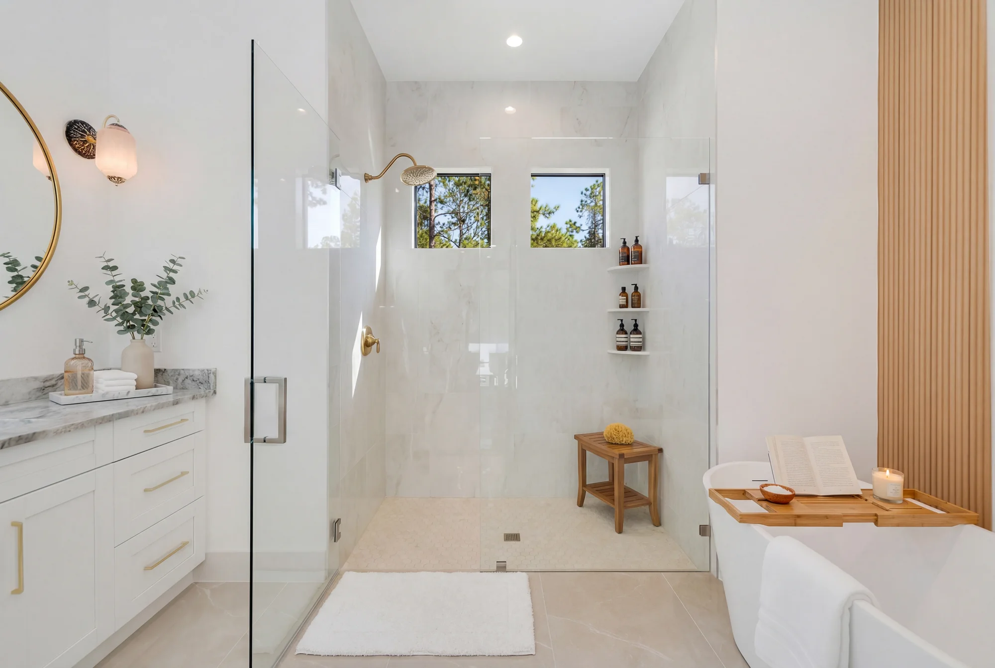 Luxury spa bathroom with marble tiles and designer fixtures in The Sapphire contemporary waterfront home at 619 22nd St SE, Naples FL by XL Homes custom home builder
