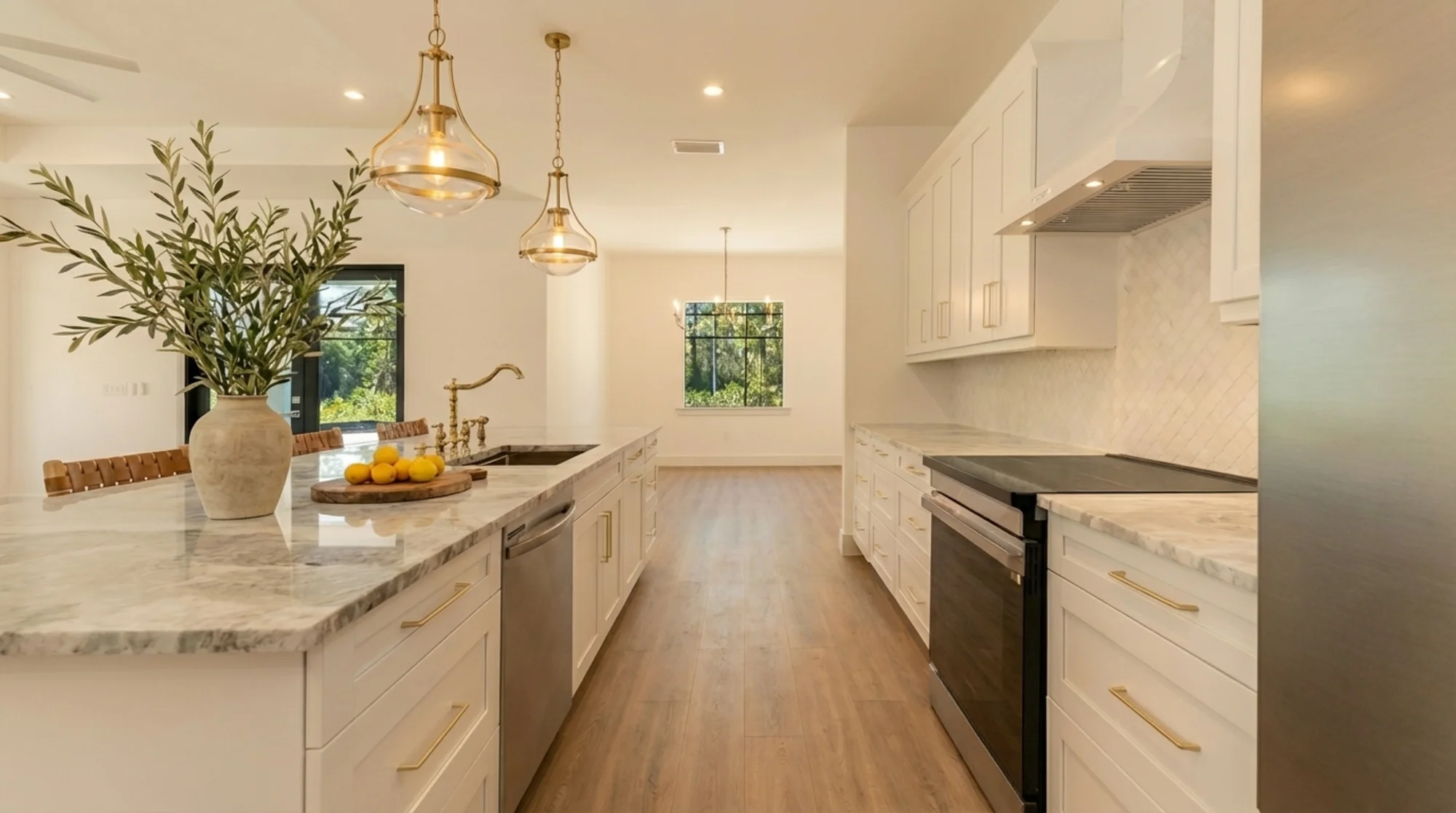 Gourmet kitchen with quartz countertops and custom cabinetry in The Sapphire contemporary waterfront home at 619 22nd St SE, Naples FL by XL Homes custom home builder