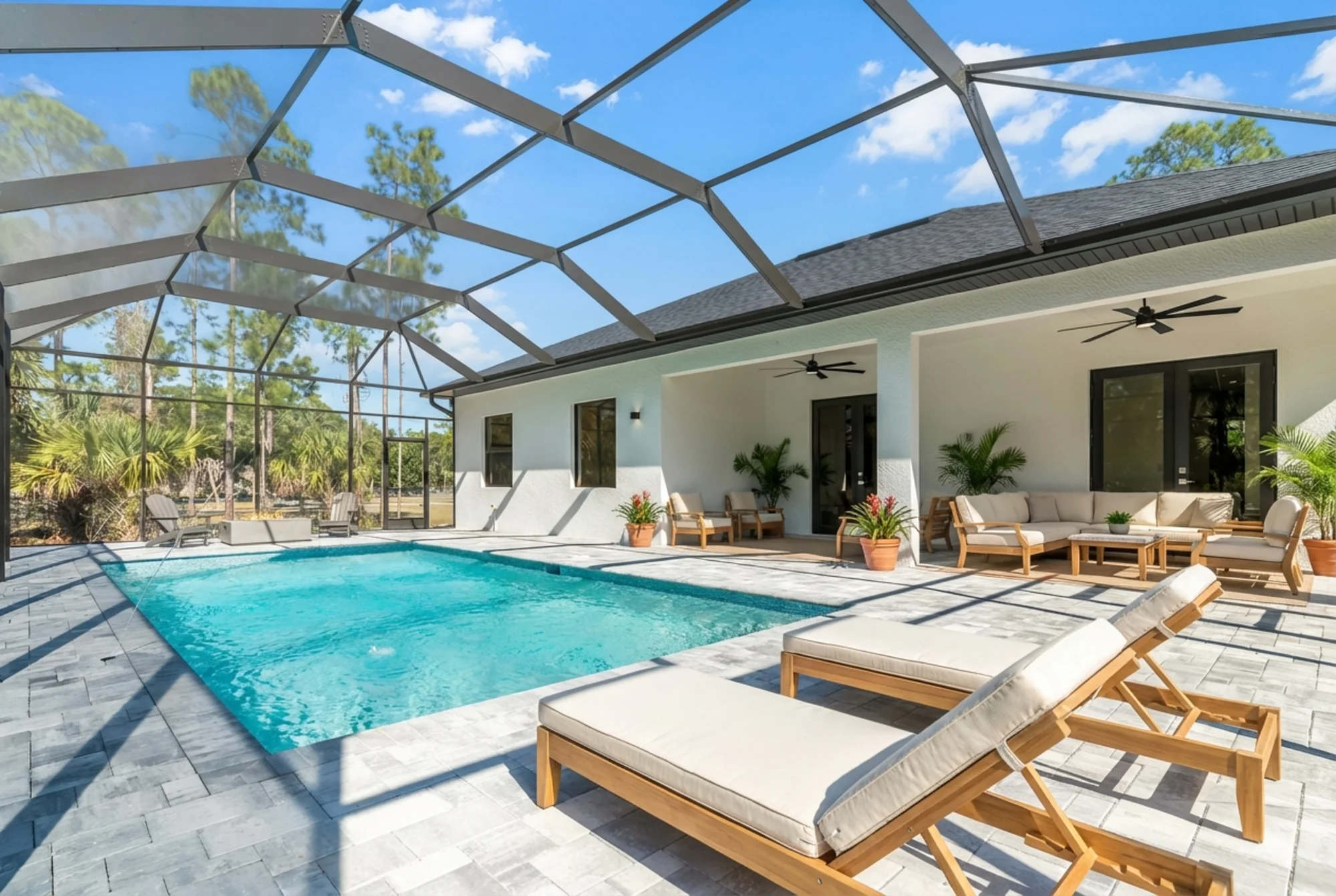 Resort-style pool and screened lanai with outdoor living space in The Sapphire contemporary waterfront home at 619 22nd St SE, Naples FL by XL Homes custom home builder
