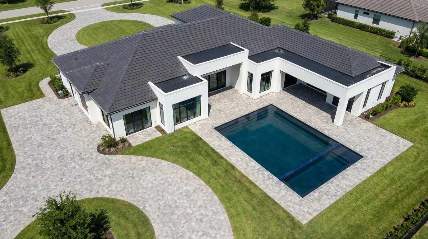 Aerial drone view showcasing luxury estate and neighborhood in Custom Residences luxury custom home at Naples, FL by XL Homes custom home builder