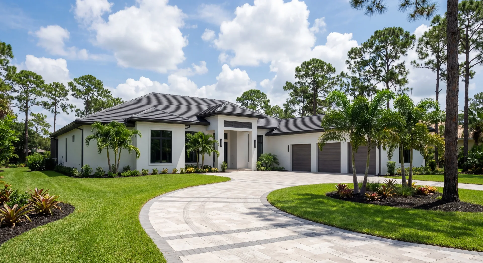 Luxury custom home with curved paver driveway and tropical palms in Naples Florida