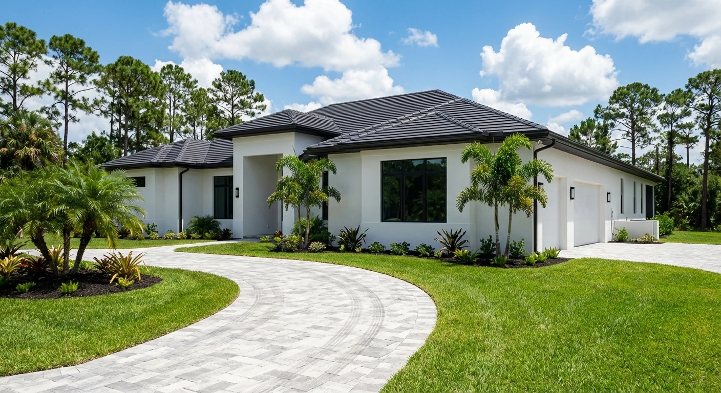 Modern custom home with clean lines and curved walkway surrounded by pine trees in Naples Florida