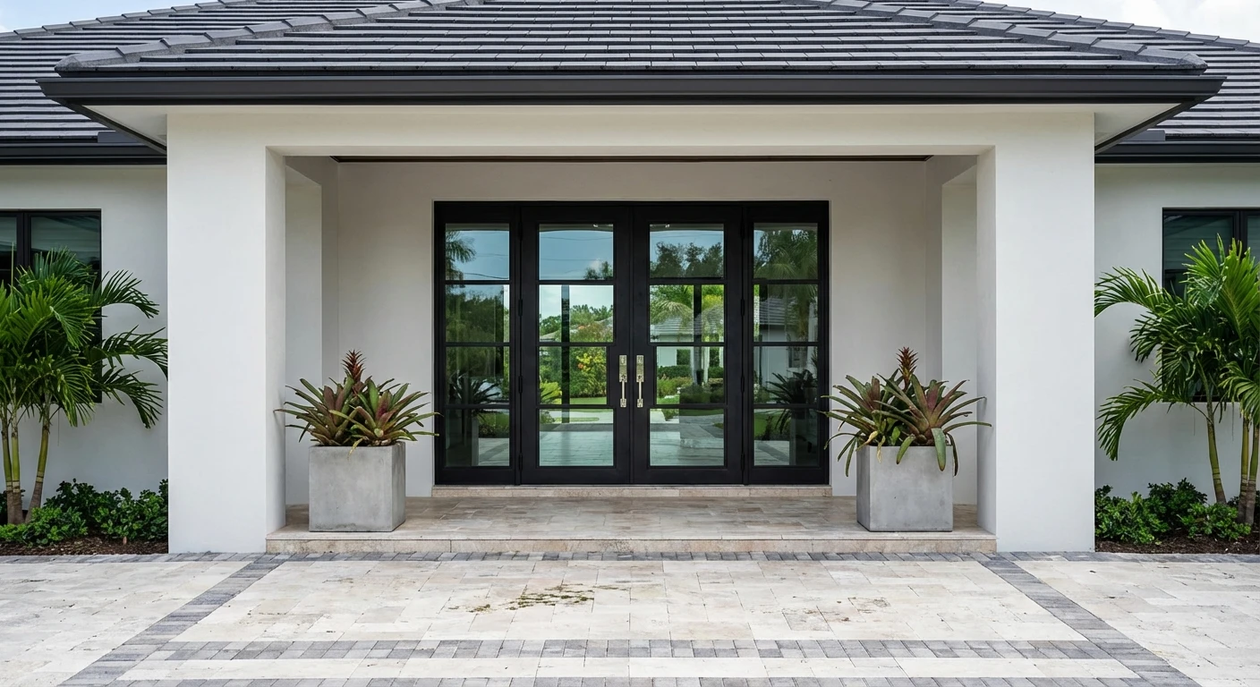 Grand front entry with black iron and glass double doors and tropical planters in Naples Florida