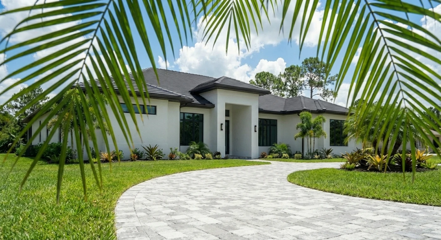 Modern Florida exterior architecture with tropical landscaping in Custom Residences luxury custom home at Naples, FL by XL Homes custom home builder