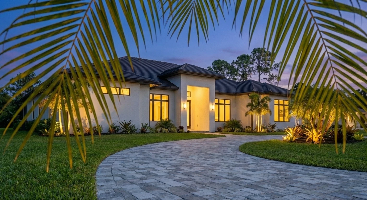 Modern Florida exterior architecture with tropical landscaping in Custom Residences luxury custom home at Naples, FL by XL Homes custom home builder