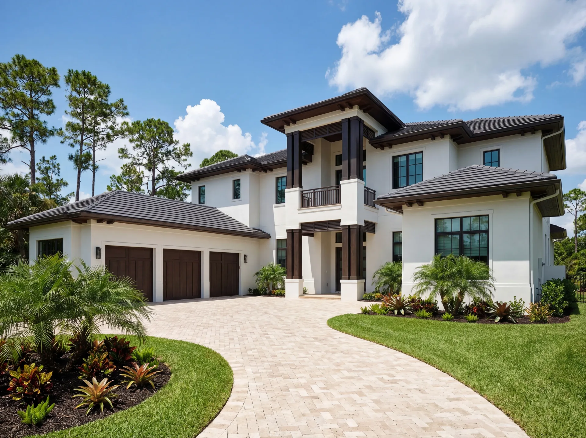 Modern Florida exterior architecture with tropical landscaping in Custom Residences luxury custom home at Naples, FL by XL Homes custom home builder