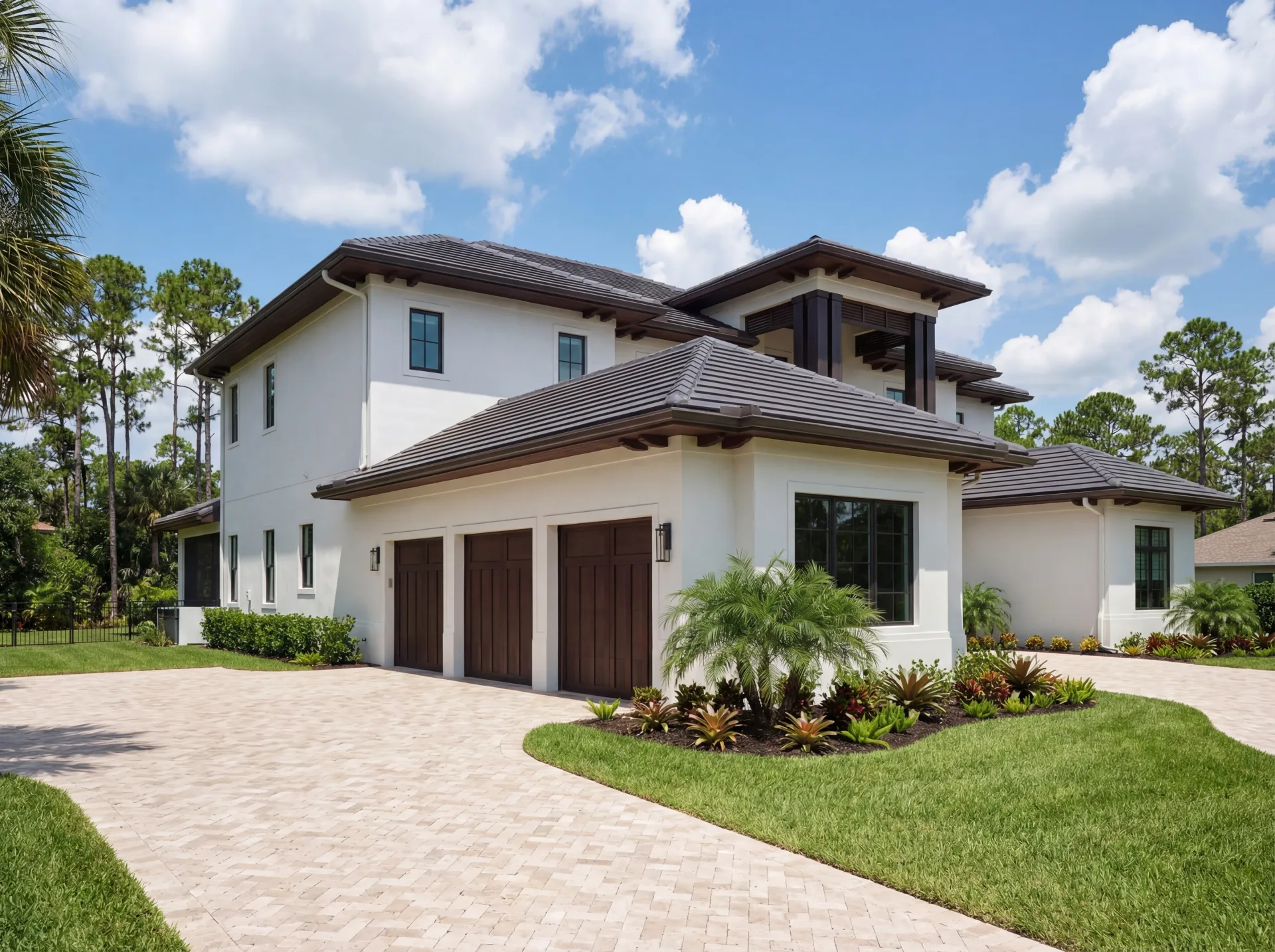 Modern Florida exterior architecture with tropical landscaping in Custom Residences luxury custom home at Naples, FL by XL Homes custom home builder