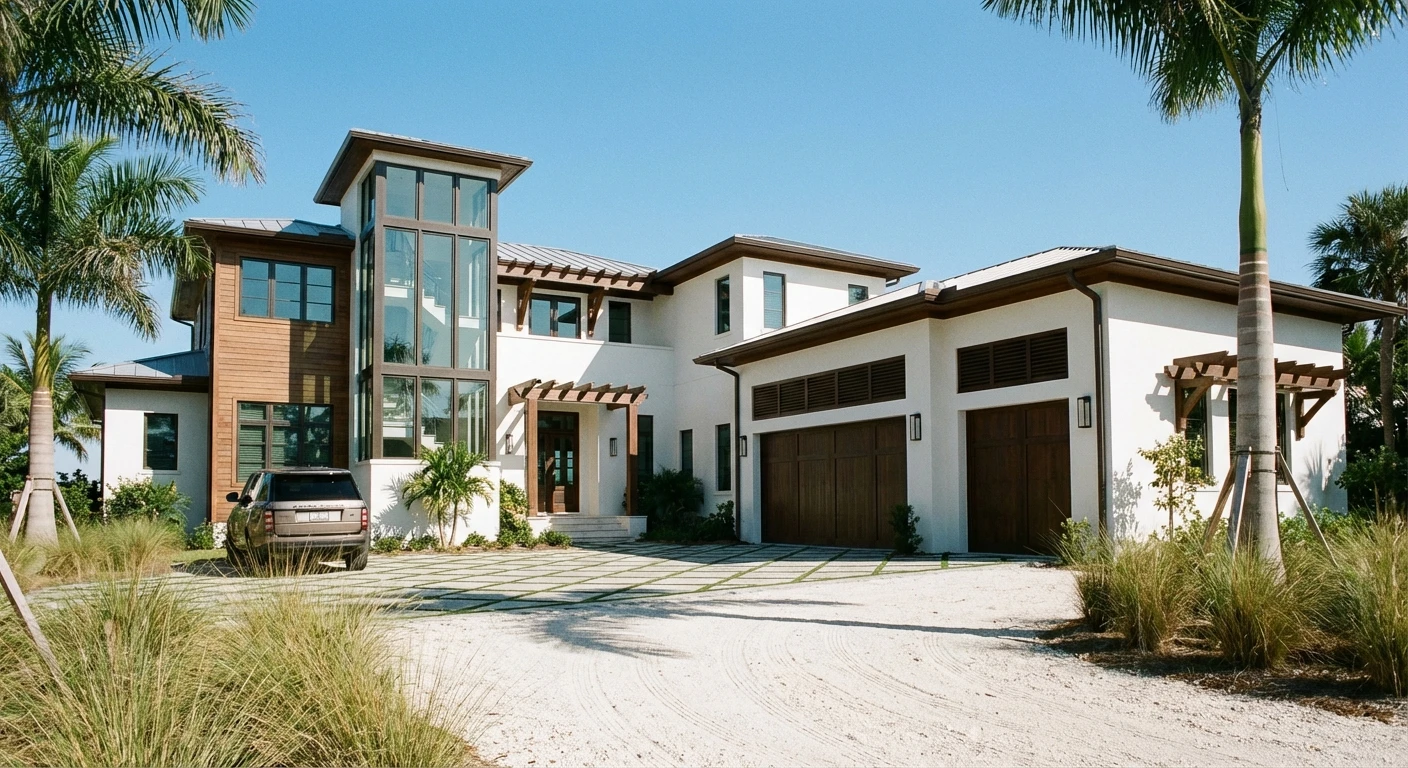 Modern Florida exterior architecture with tropical landscaping in Custom Residences luxury custom home at Naples, FL by XL Homes custom home builder