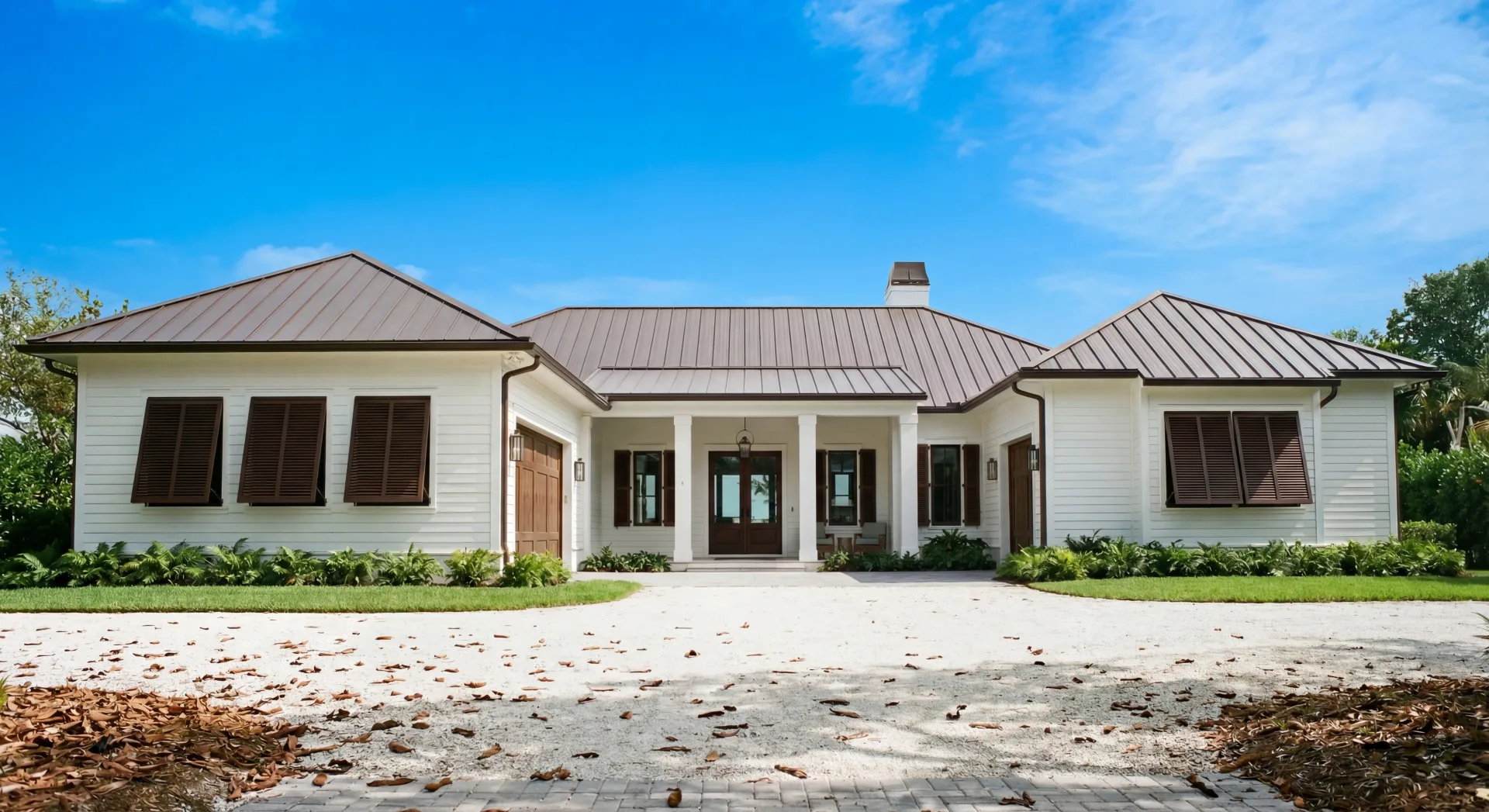 Modern Florida exterior architecture with tropical landscaping in Custom Residences luxury custom home at Naples, FL by XL Homes custom home builder