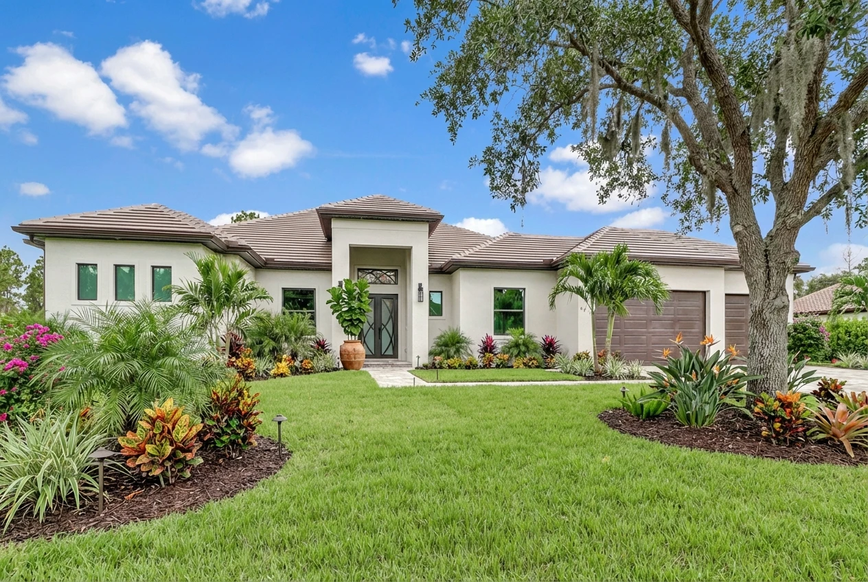 Modern Florida exterior architecture with tropical landscaping in Custom Residences luxury custom home at Naples, FL by XL Homes custom home builder