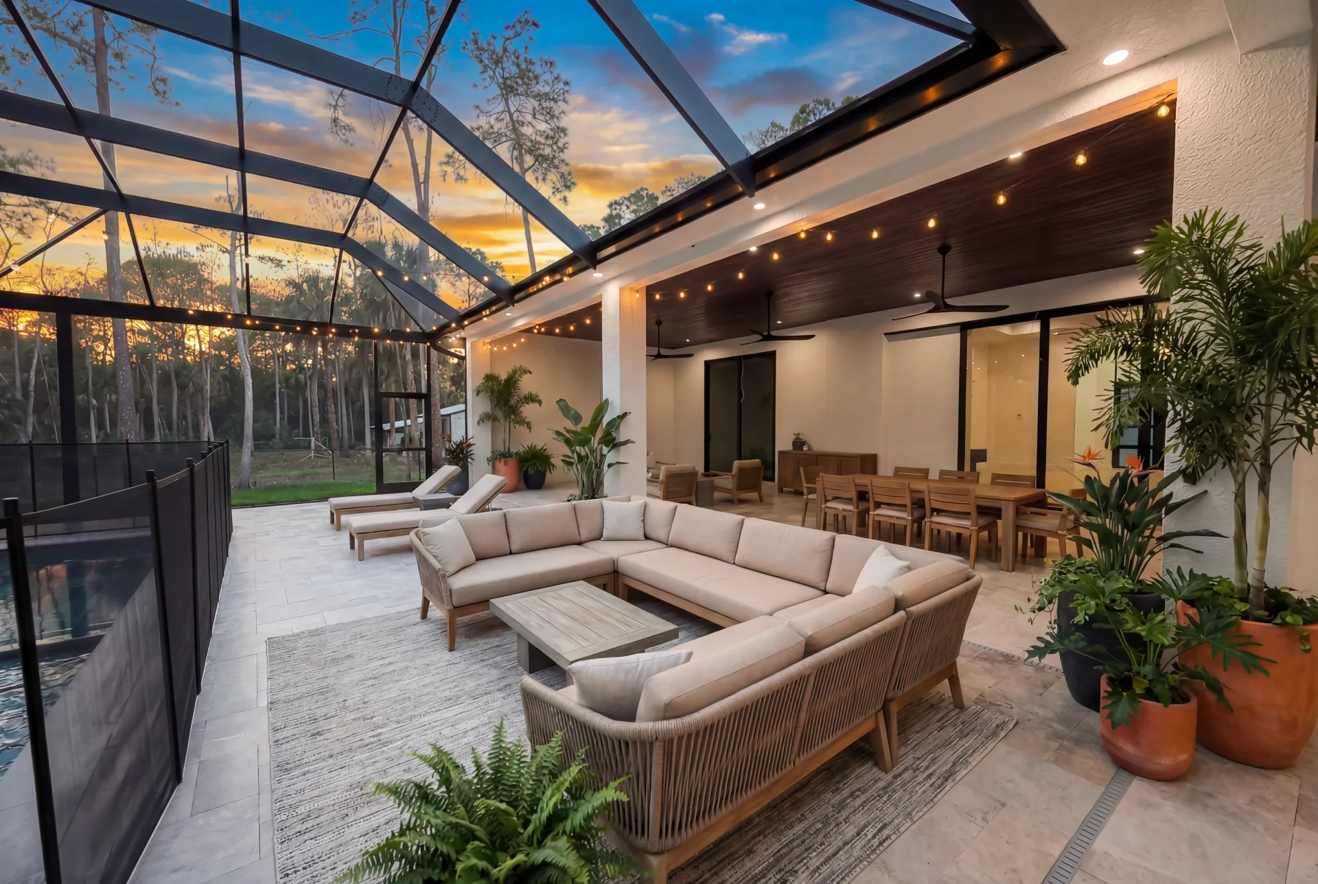 Resort-style pool and screened lanai with outdoor living space in Custom Residences luxury custom home at Naples, FL by XL Homes custom home builder