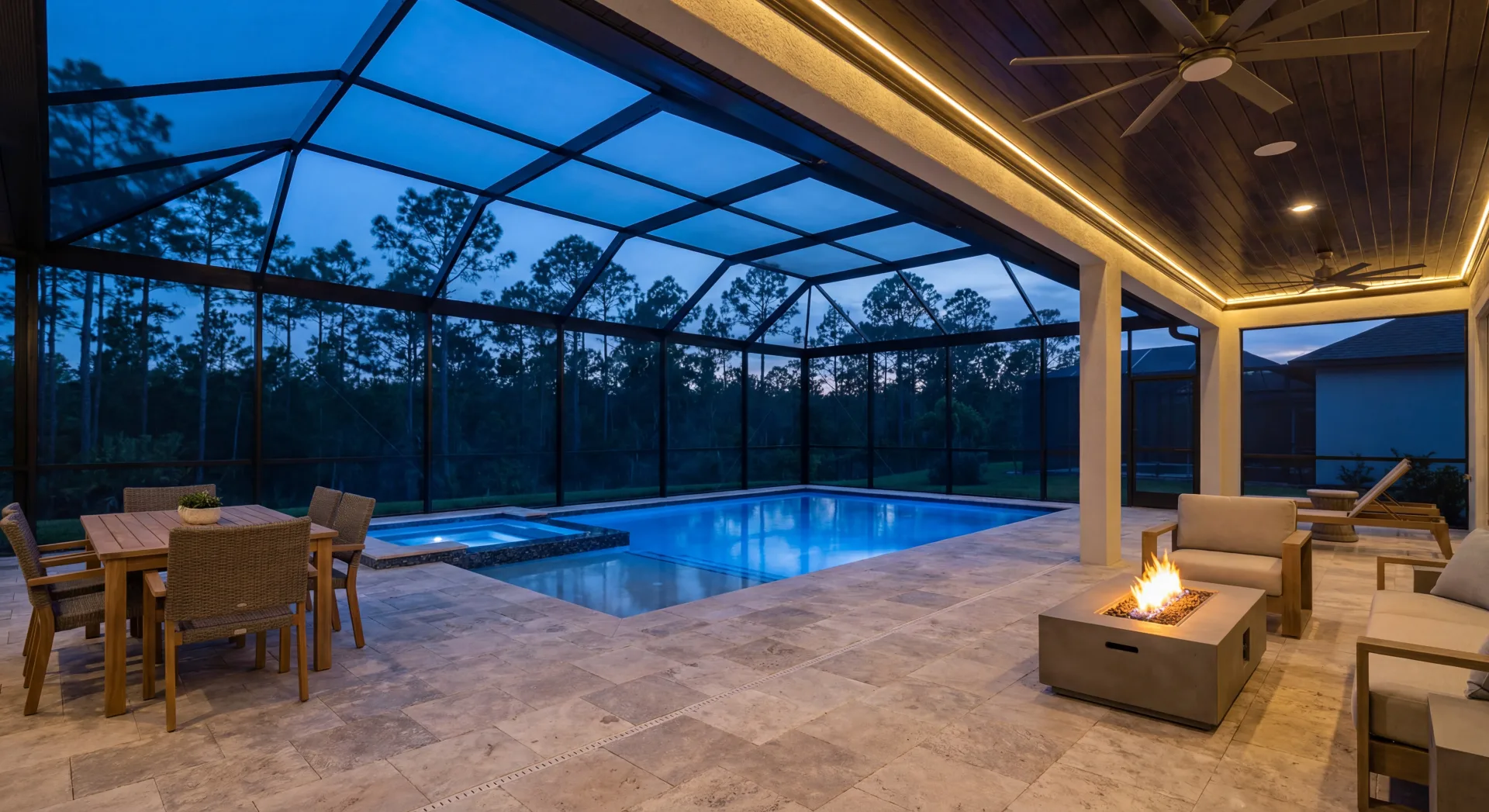 Resort-style pool and screened lanai with outdoor living space in Custom Residences luxury custom home at Naples, FL by XL Homes custom home builder