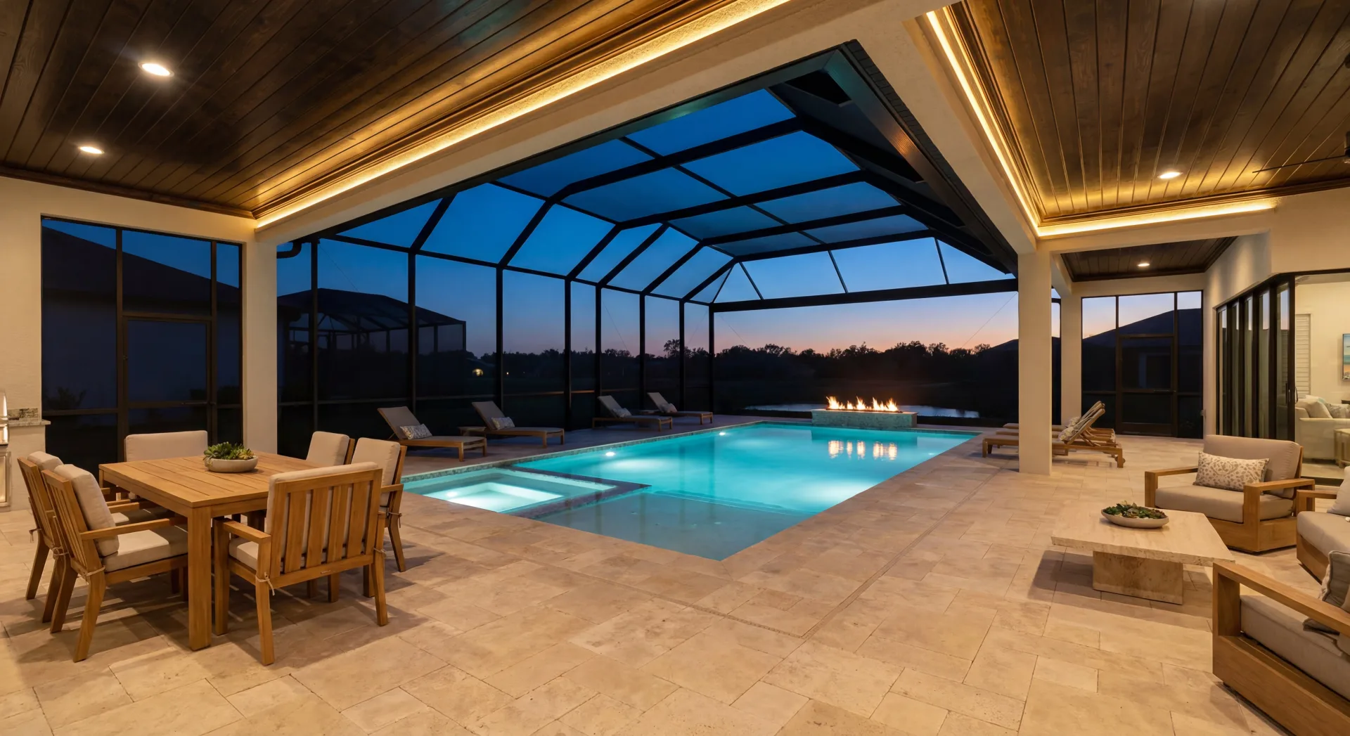 Resort-style pool and screened lanai with outdoor living space in Custom Residences luxury custom home at Naples, FL by XL Homes custom home builder