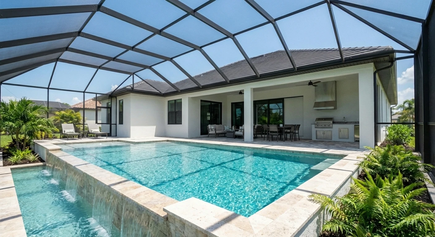 Resort-style pool and screened lanai with outdoor living space in Custom Residences luxury custom home at Naples, FL by XL Homes custom home builder