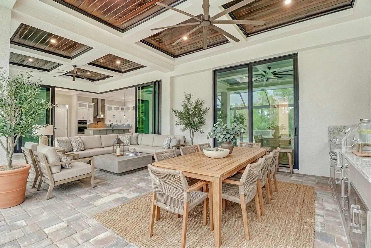 Resort-style pool and screened lanai with outdoor living space in Custom Residences luxury custom home at Naples, FL by XL Homes custom home builder