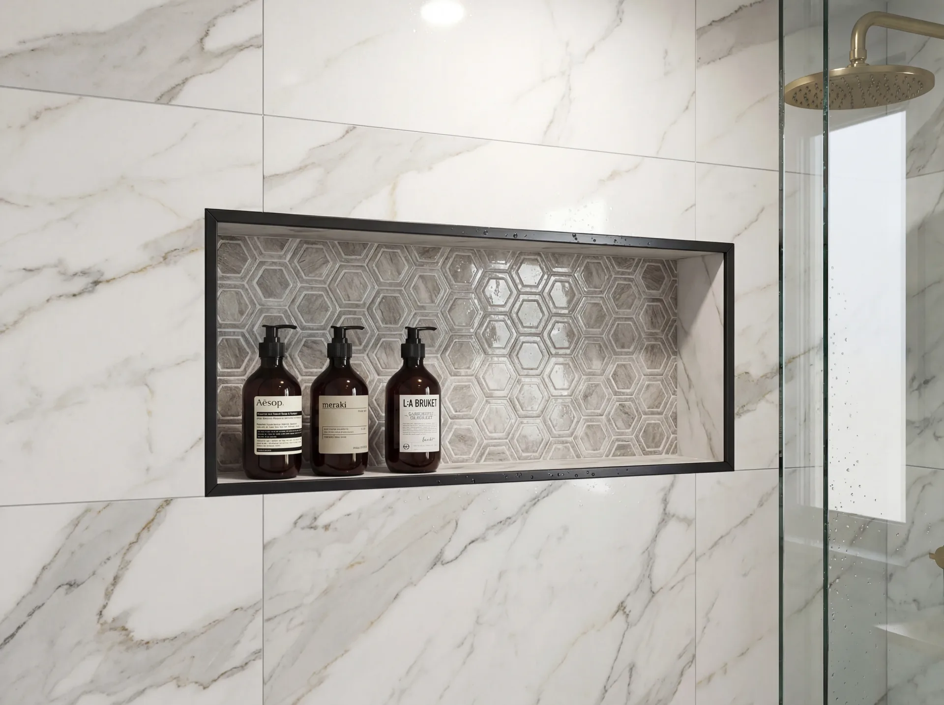 Luxury spa bathroom with marble tiles and designer fixtures in Remodeling Projects high-end remodeling home at Naples, FL by XL Homes custom home builder