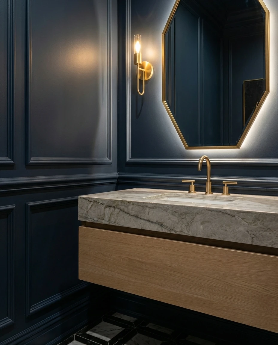 Luxury spa bathroom with marble tiles and designer fixtures in Remodeling Projects high-end remodeling home at Naples, FL by XL Homes custom home builder