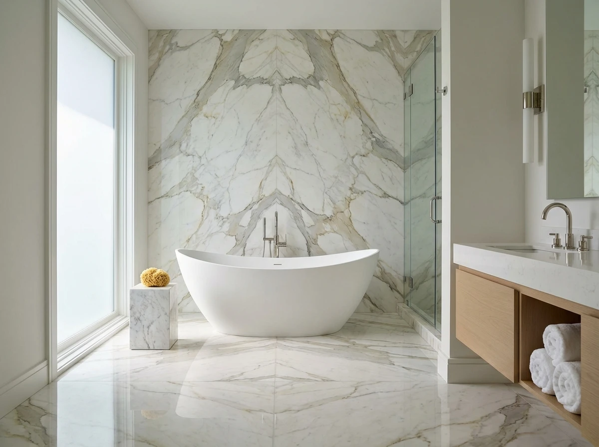 Luxury spa bathroom with marble tiles and designer fixtures in Remodeling Projects high-end remodeling home at Naples, FL by XL Homes custom home builder