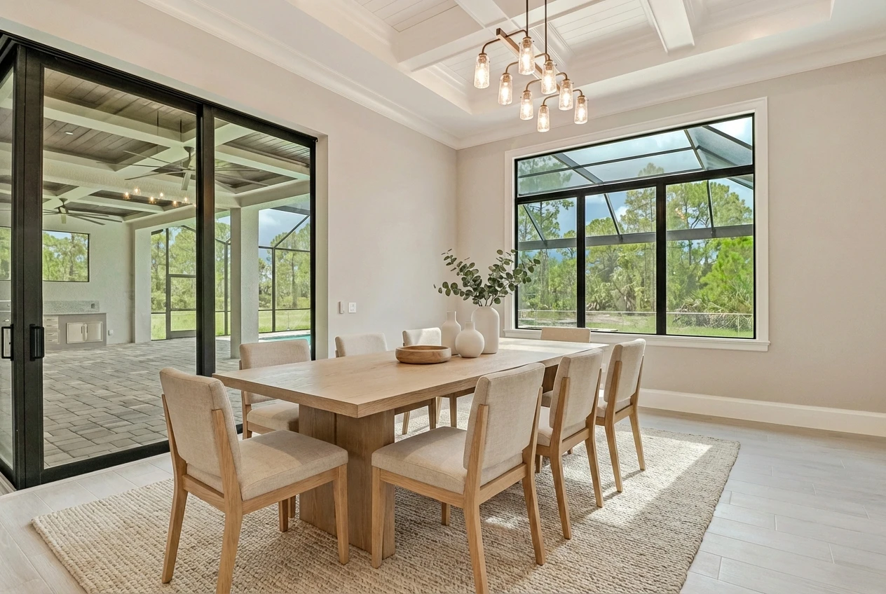 Elegant formal dining room with coffered ceiling in Remodeling Projects high-end remodeling home at Naples, FL by XL Homes custom home builder