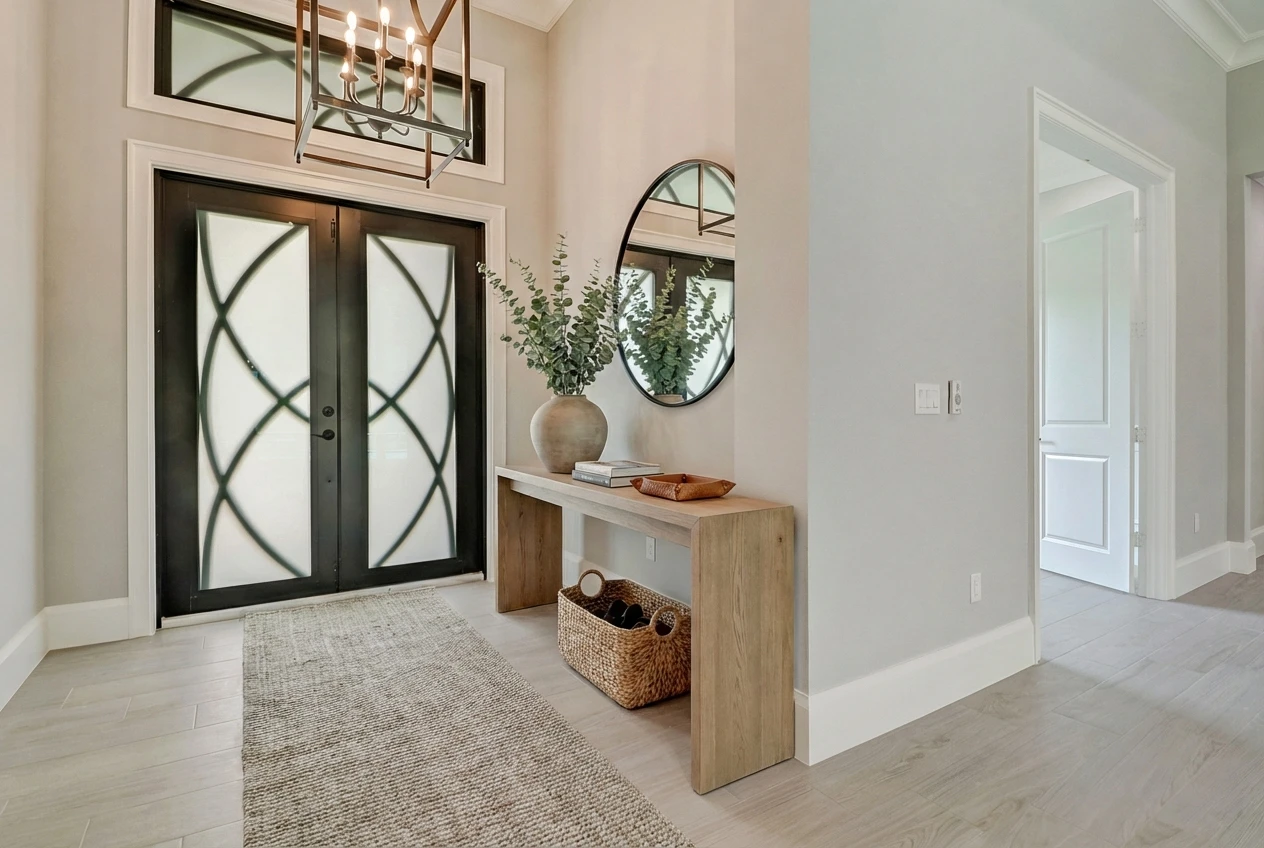 Grand entryway with statement door and decorative tile in Remodeling Projects high-end remodeling home at Naples, FL by XL Homes custom home builder