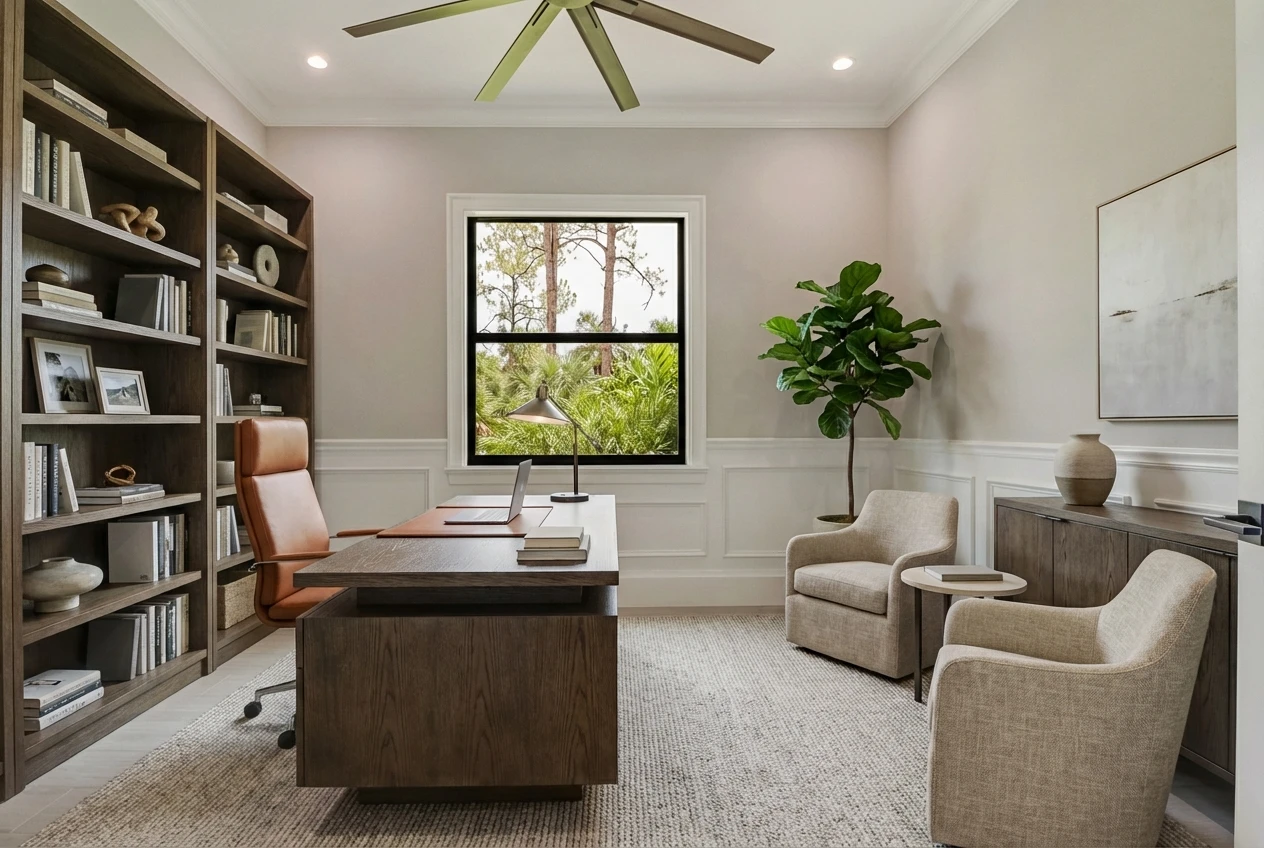 Executive home office with built-in shelving and desk in Remodeling Projects high-end remodeling home at Naples, FL by XL Homes custom home builder