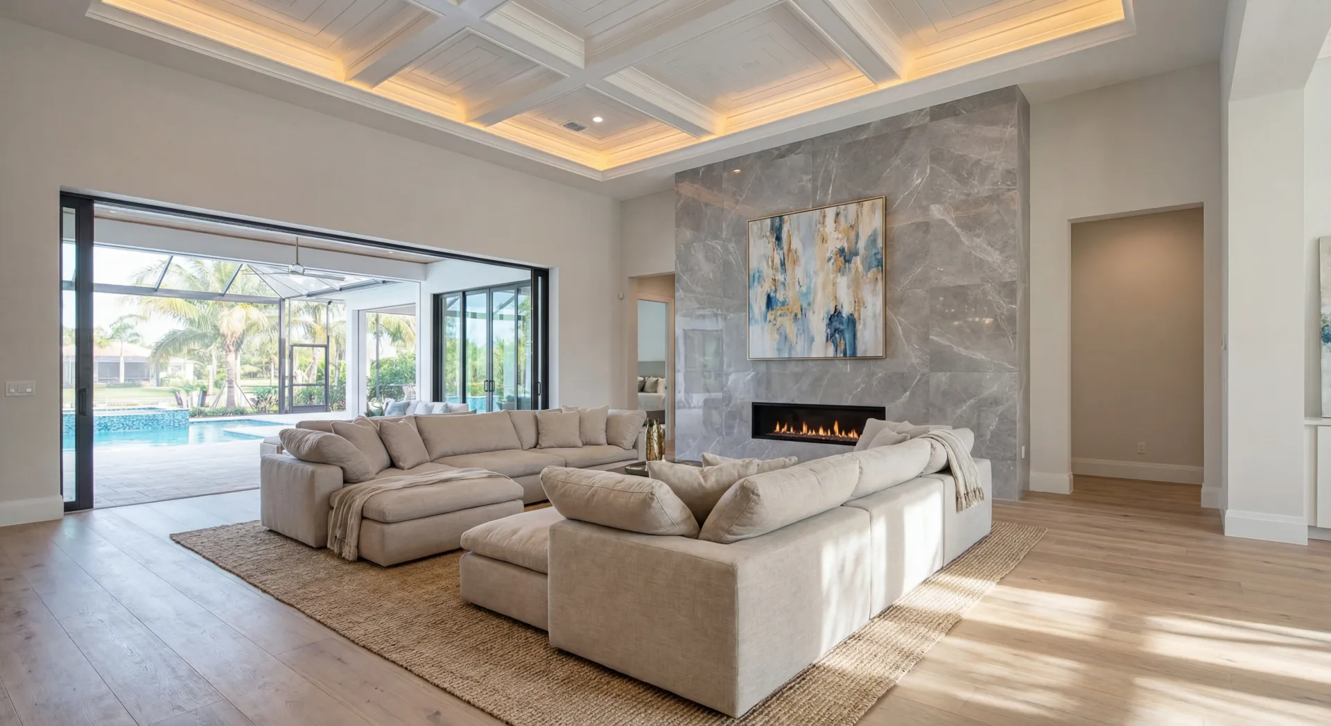 Open concept living room with high ceilings and natural light in Remodeling Projects high-end remodeling home at Naples, FL by XL Homes custom home builder