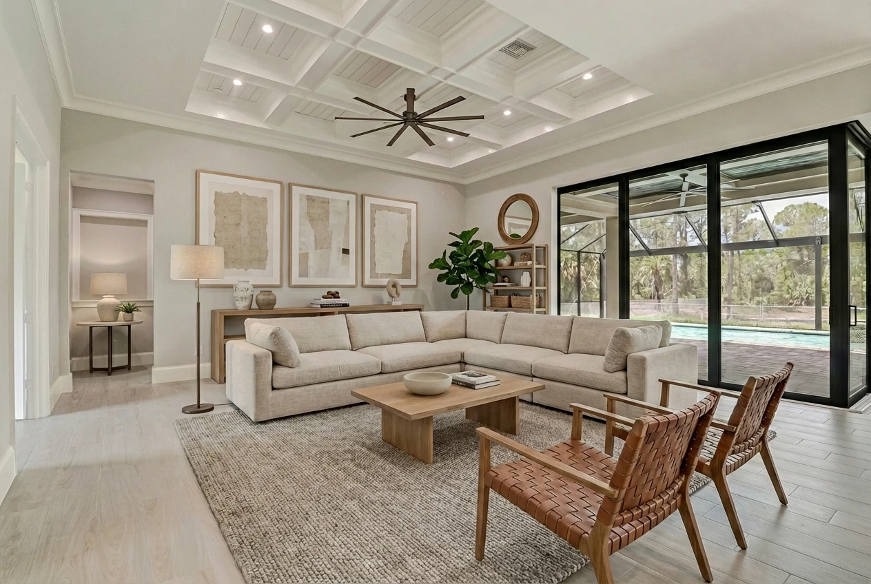 Open concept living room with high ceilings and natural light in Remodeling Projects high-end remodeling home at Naples, FL by XL Homes custom home builder