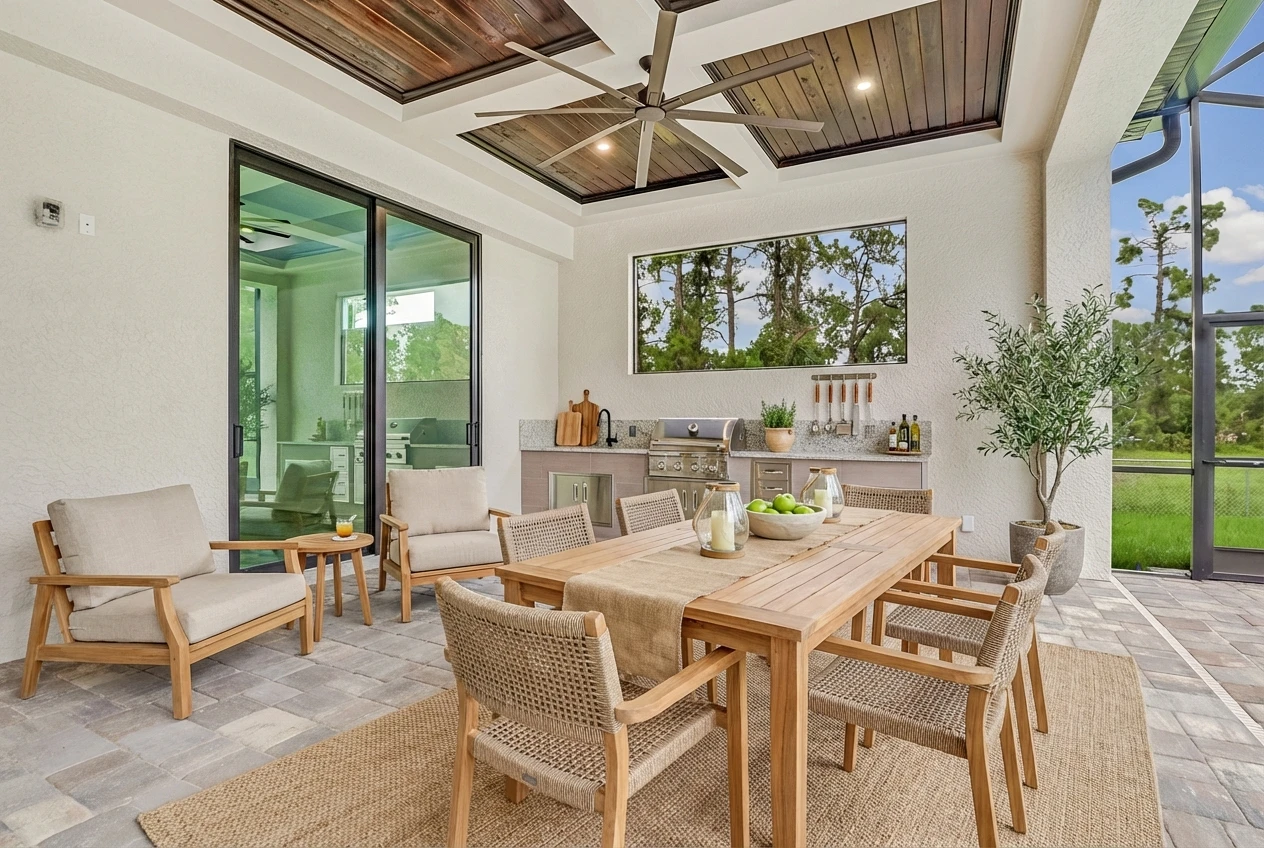 Outdoor kitchen with stainless steel appliances and bar seating in Remodeling Projects high-end remodeling home at Naples, FL by XL Homes custom home builder