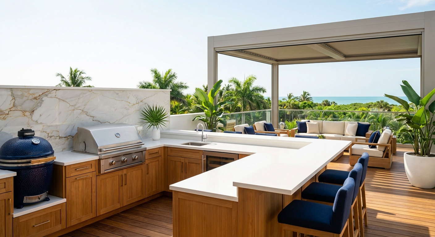 Elegant rooftop deck in Naples with an outdoor kitchen, coastal Mediterranean design, and stunning golden hour panoramic views.