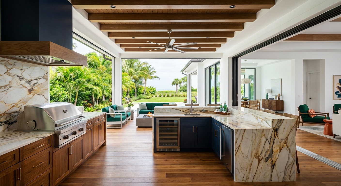 Luxury Naples outdoor kitchen on a rooftop deck with Gulf views, featuring sleek stone counters, stainless appliances, and golden hour lighting.