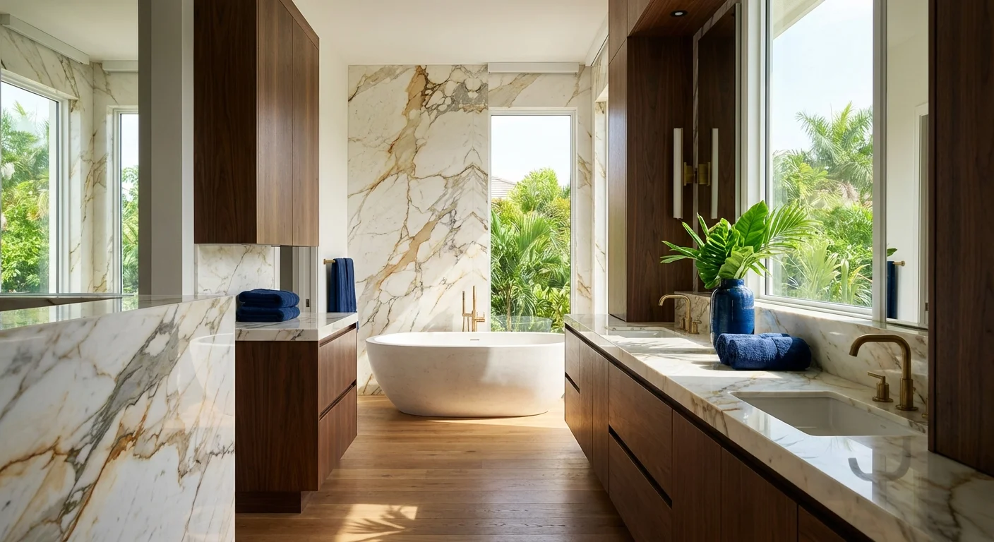 Luxury Southwest Florida bathroom with dark walnut accents, marble countertops, and quartz surfaces in golden hour light