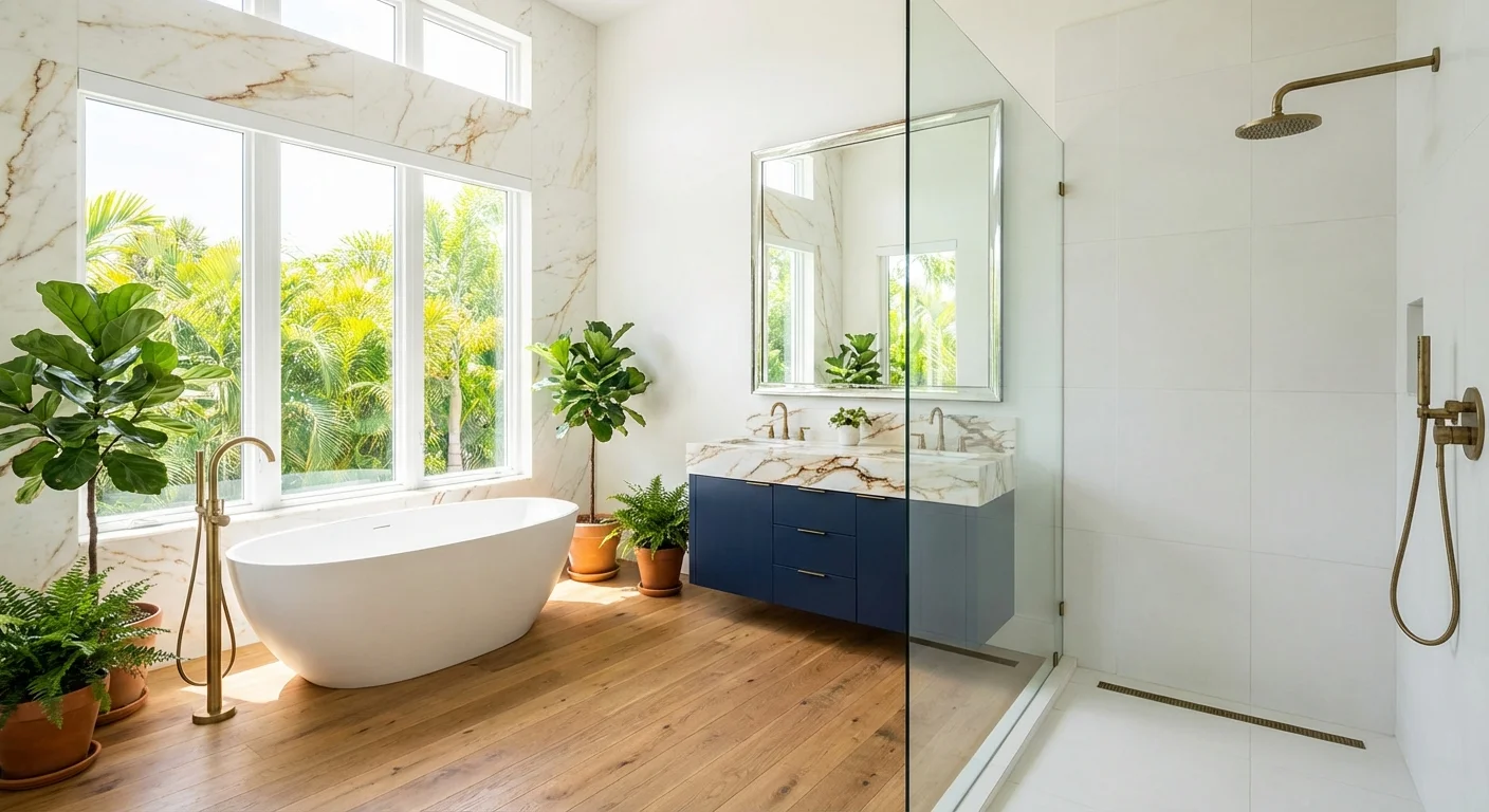 Mediterranean-style luxury bathroom in Naples with sustainable design, golden hour lighting highlights coastal elegance